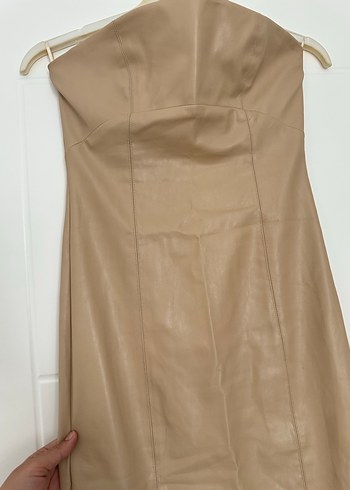 Bej Deri Straplez Uzun Elbise - Görsel 2