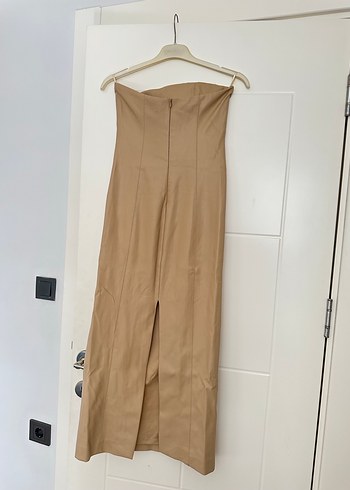 Bej Deri Straplez Uzun Elbise - Görsel 3