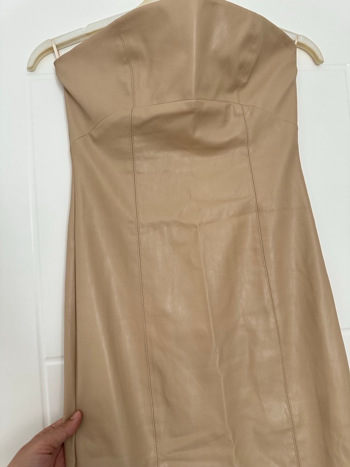 Bej Deri Straplez Uzun Elbise - Görsel 2