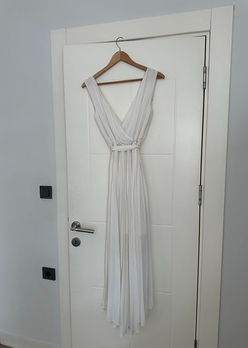 Beyaz Keten V Yaka Uzun Elbise - Görsel 2