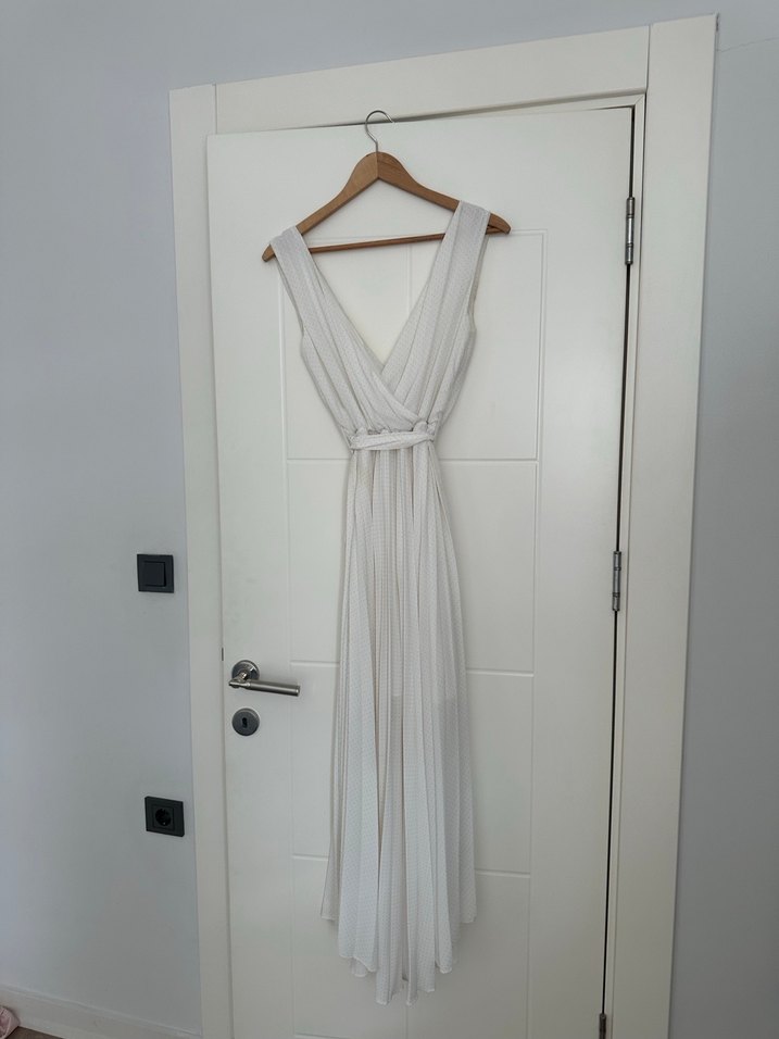 Beyaz Keten V Yaka Uzun Elbise - Görsel 2