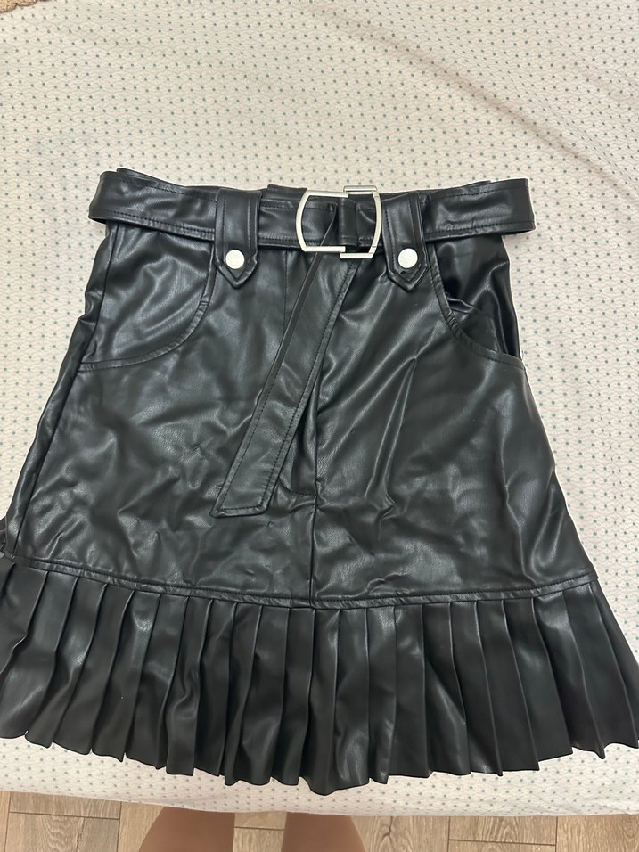 Kemerli Siyah Deri Mini Etek - Görsel 2
