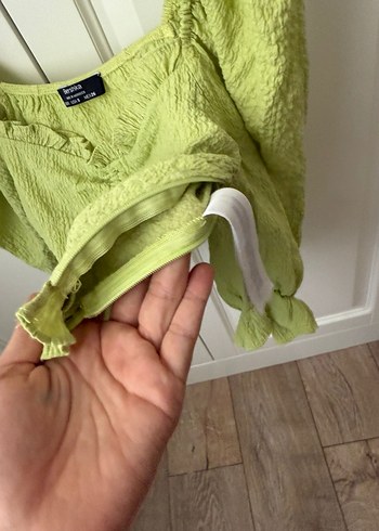 Yeşil Keten Mini Bluz, Düğmeli, Askılı - Görsel 5