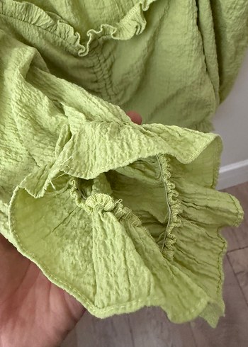 Yeşil Keten Mini Bluz, Düğmeli, Askılı - Görsel 4