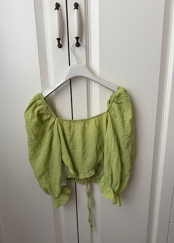 Yeşil Keten Mini Bluz, Düğmeli, Askılı - Görsel 2