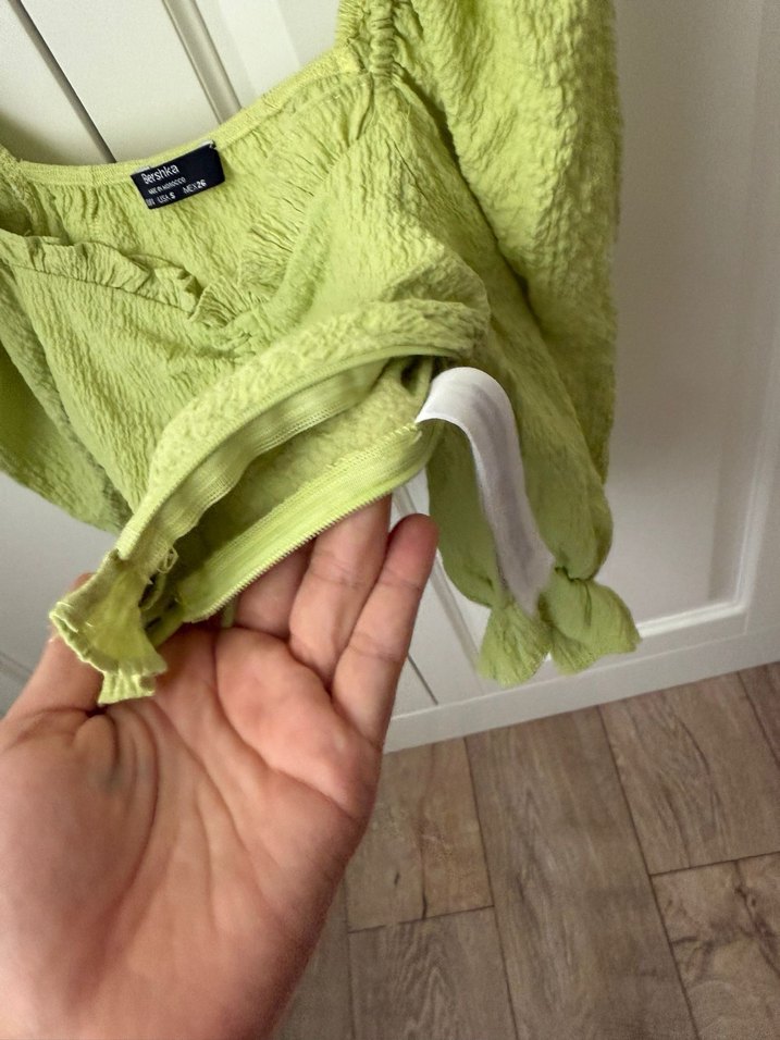 Yeşil Keten Mini Bluz, Düğmeli, Askılı - Görsel 5