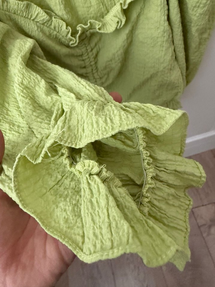 Yeşil Keten Mini Bluz, Düğmeli, Askılı - Görsel 4