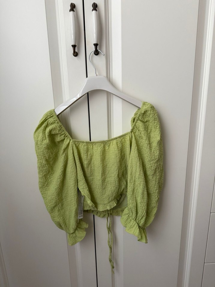 Yeşil Keten Mini Bluz, Düğmeli, Askılı - Görsel 2