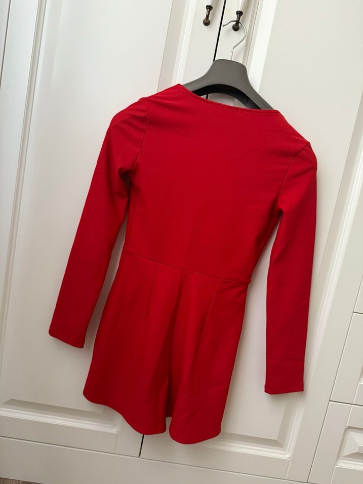 Düğmeli Kırmızı Mini Kadın  tulum elbise - Görsel 3