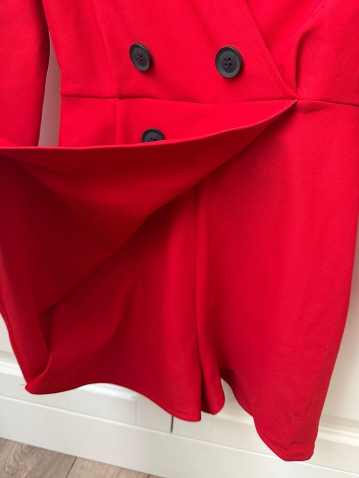 Düğmeli Kırmızı Mini Kadın  tulum elbise - Görsel 2