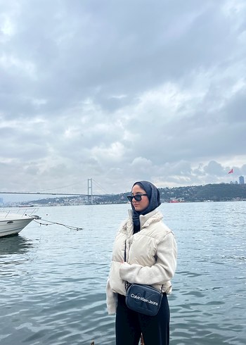 Gri Beyaz Kadın Midi Boy Puff Mont