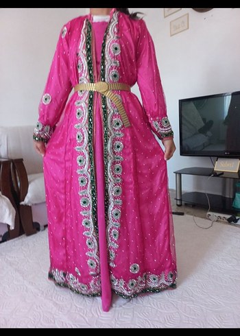 Pembe Nakışlı Uzun Kadın Hint Elbisesi