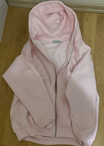 Pembe Kapüşonlu Fermuarlı Kadın Sweatshirt