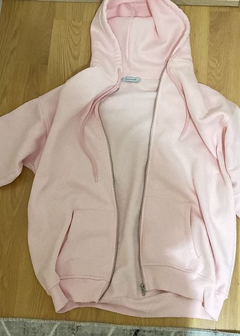 l Beden Pembe Kapüşonlu Fermuarlı Kadın Sweatshirt