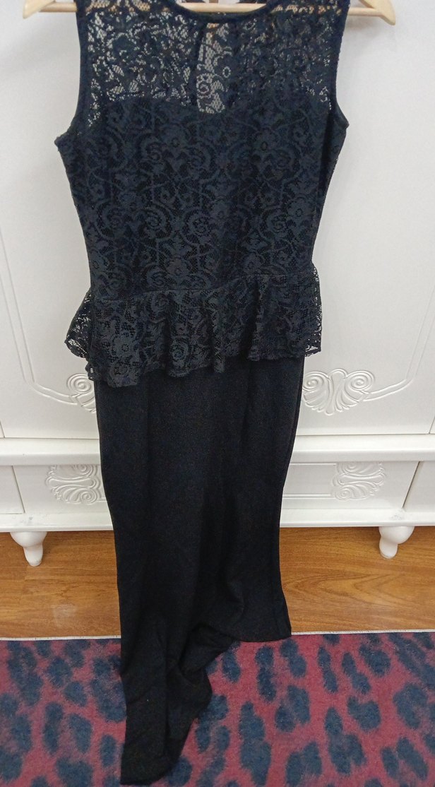 Dantel Detaylı Siyah Uzun Kadın Abiye Elbise - Görsel 4