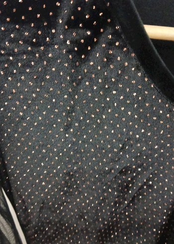 Siyah Parlak Uzun Kollu V Yaka Bluz kadife - Görsel 7