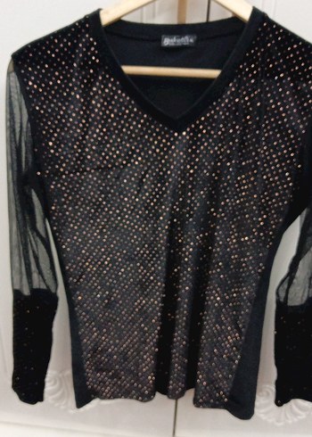 Siyah Parlak Uzun Kollu V Yaka Bluz kadife - Görsel 6