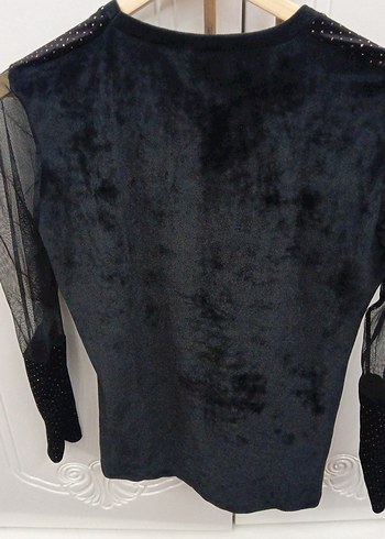 Siyah Parlak Uzun Kollu V Yaka Bluz kadife - Görsel 9