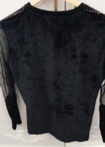 Siyah Parlak Uzun Kollu V Yaka Bluz kadife - Görsel 8