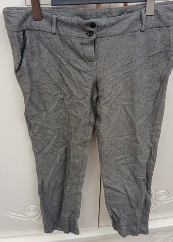 Gri Kadın Keten Düğmeli Kumaş Pantolon - Görsel 4