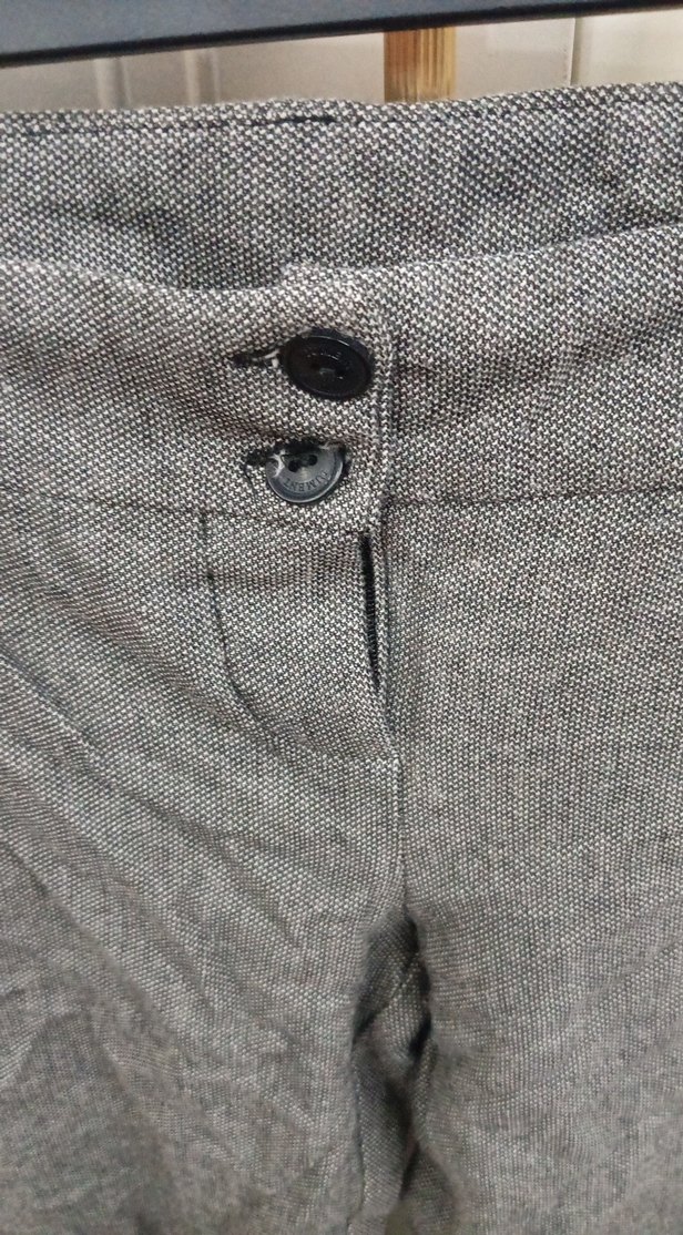 Gri Kadın Keten Düğmeli Kumaş Pantolon - Görsel 3