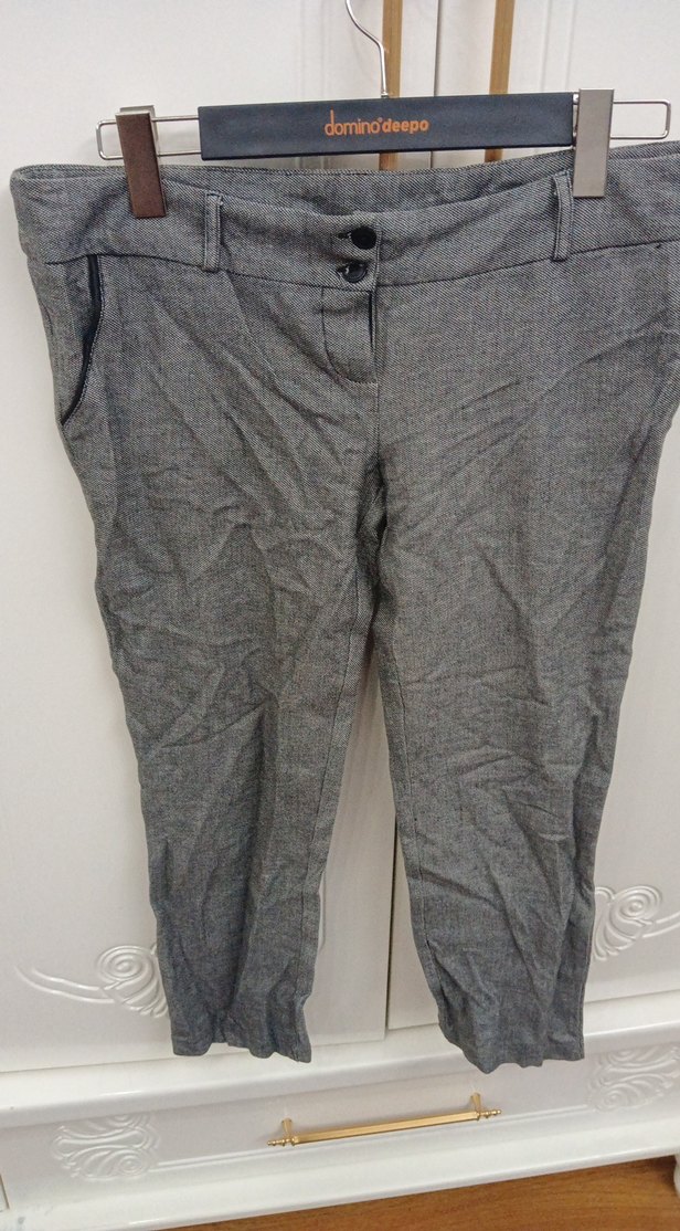 Gri Kadın Keten Düğmeli Kumaş Pantolon - Görsel 4