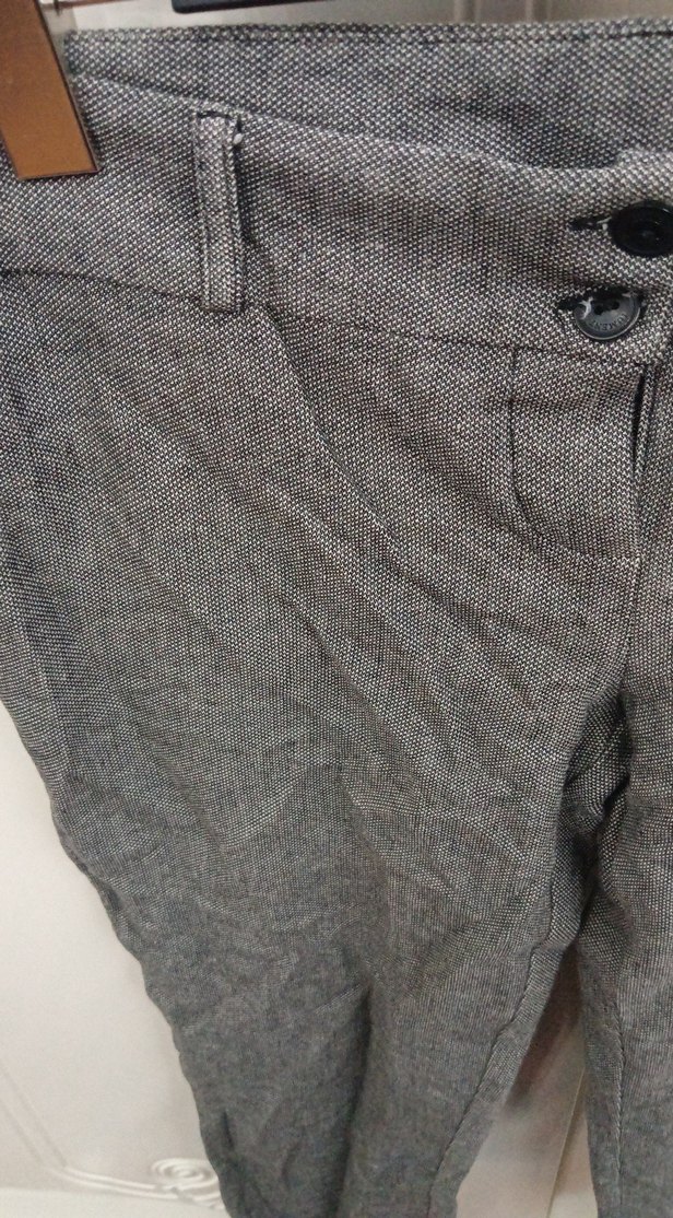 Gri Kadın Keten Düğmeli Kumaş Pantolon - Görsel 5