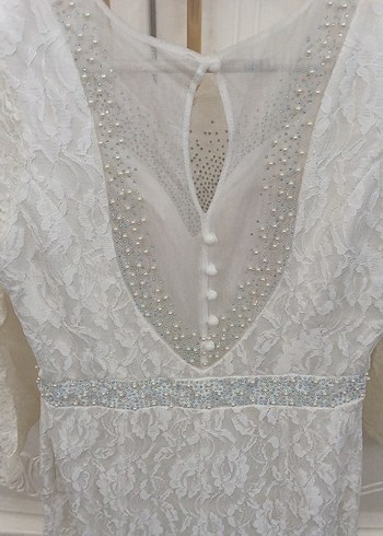 Vintage Dantel Uzun Kollu A Kesim abiye Gelinlik - Görsel 15