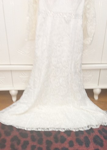 Vintage Dantel Uzun Kollu A Kesim abiye Gelinlik - Görsel 13