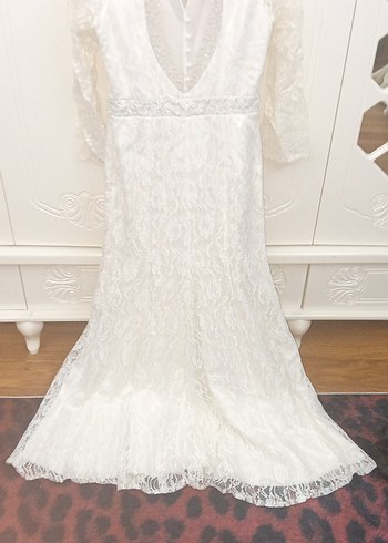 Vintage Dantel Uzun Kollu A Kesim abiye Gelinlik - Görsel 18