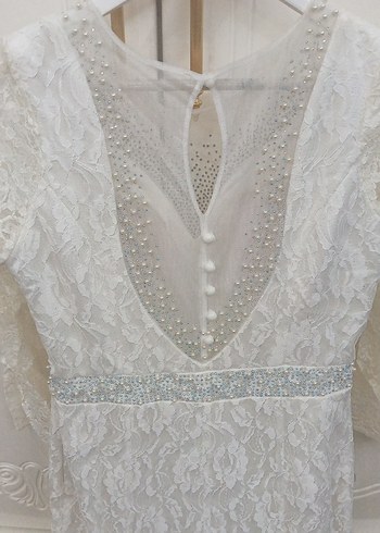 Vintage Dantel Uzun Kollu A Kesim abiye Gelinlik - Görsel 19