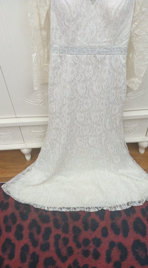 Vintage Dantel Uzun Kollu A Kesim abiye Gelinlik - Görsel 2