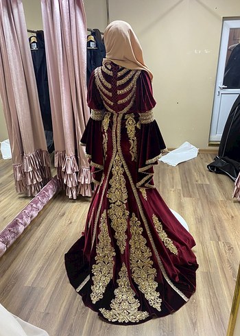 Henna Gelinlik Bordo V Yaka Uzun Kollu Kadın Bindallı Elbise