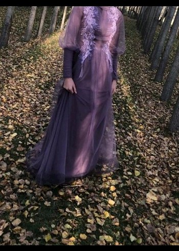 On Fashion Uzun Mor Nakışlı Kadın Abiye Elbise