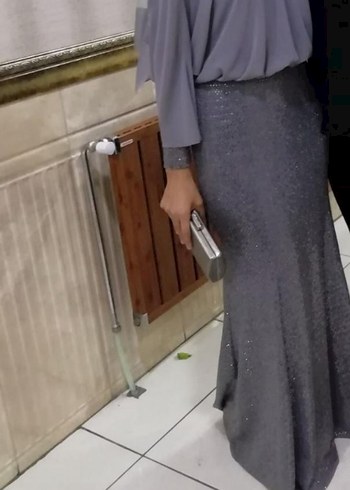 Uzun Kollu Gri Drapeli Uzun Abiye Elbise