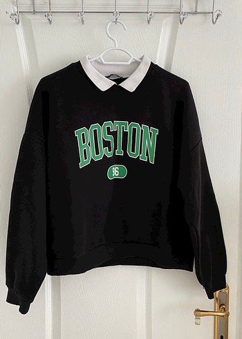 Siyah BOSTON Baskılı Pamuk Sweatshirt
