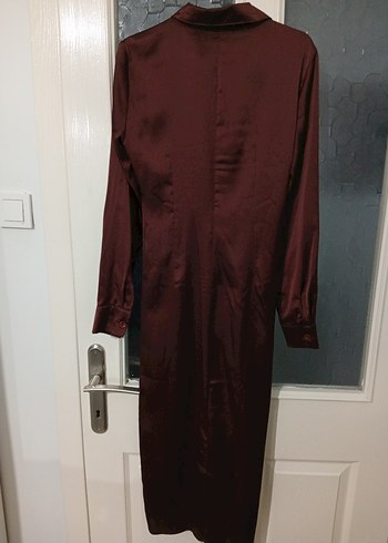 Bordo Uzun Kollu Düğmeli Saten Elbise - Görsel 4