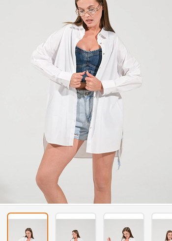 Beyaz Mini Bol Kesim Denim Gömlek