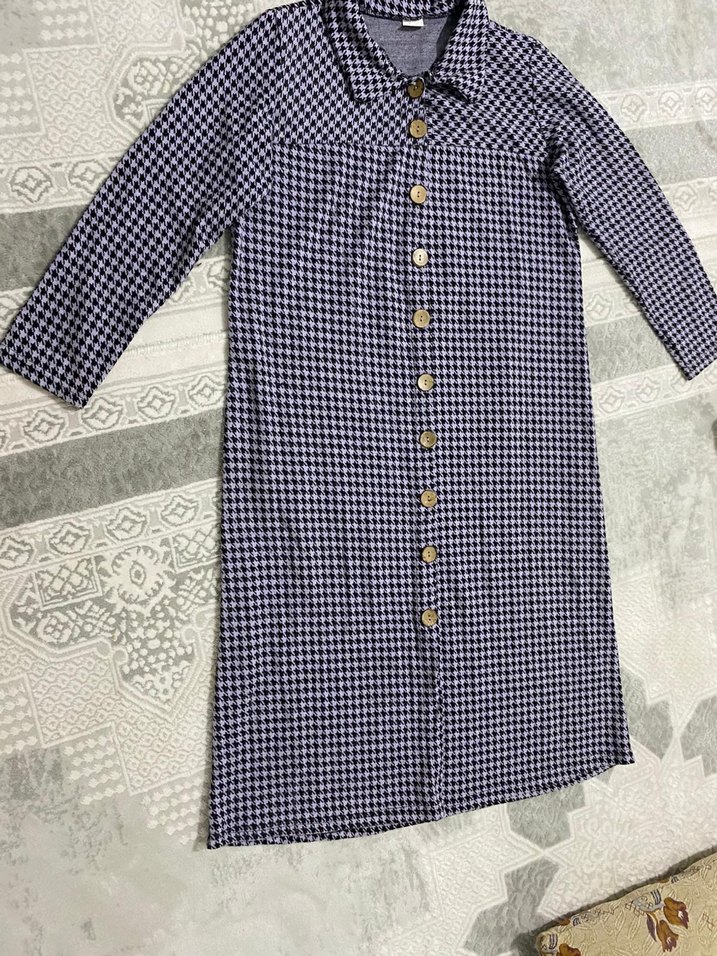 Düğmeli Mor Ekoseli Midi Kadın Yün Kaban - Görsel 4