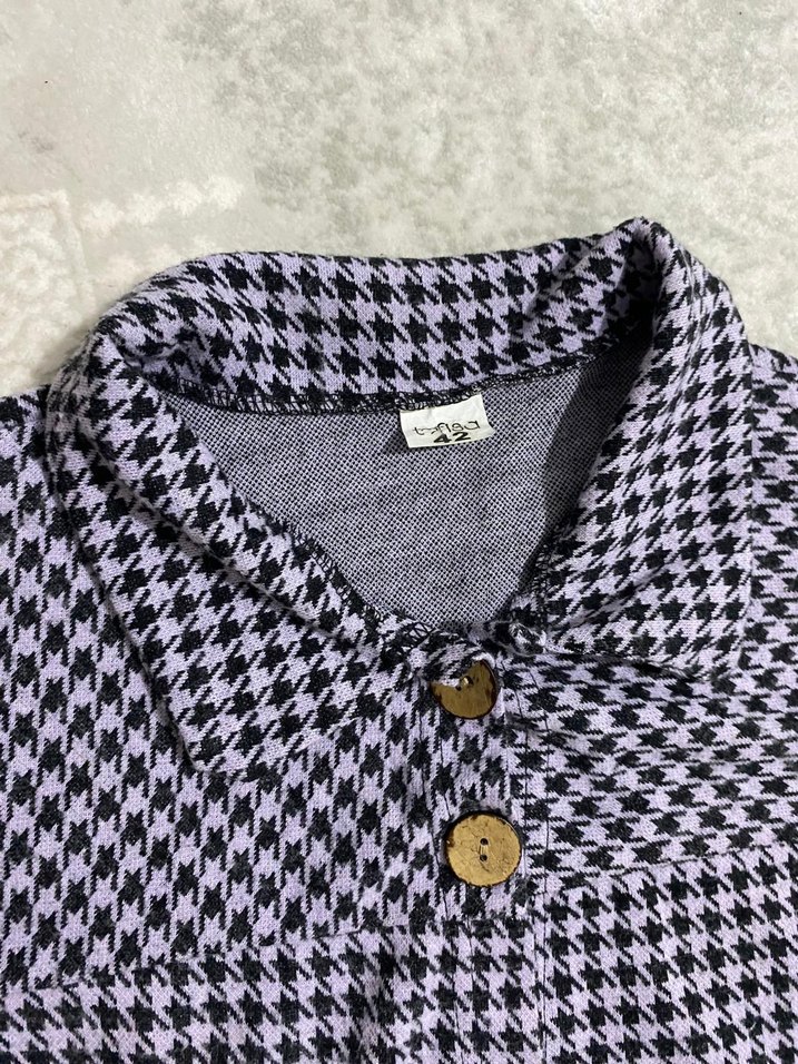 Düğmeli Mor Ekoseli Midi Kadın Yün Kaban - Görsel 3