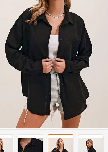 Siyah Düğmeli Uzun Kollu Keten Gömlek - Görsel 2