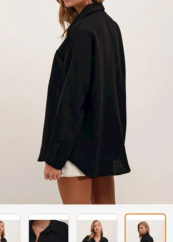 Siyah Düğmeli Uzun Kollu Keten Gömlek - Görsel 4