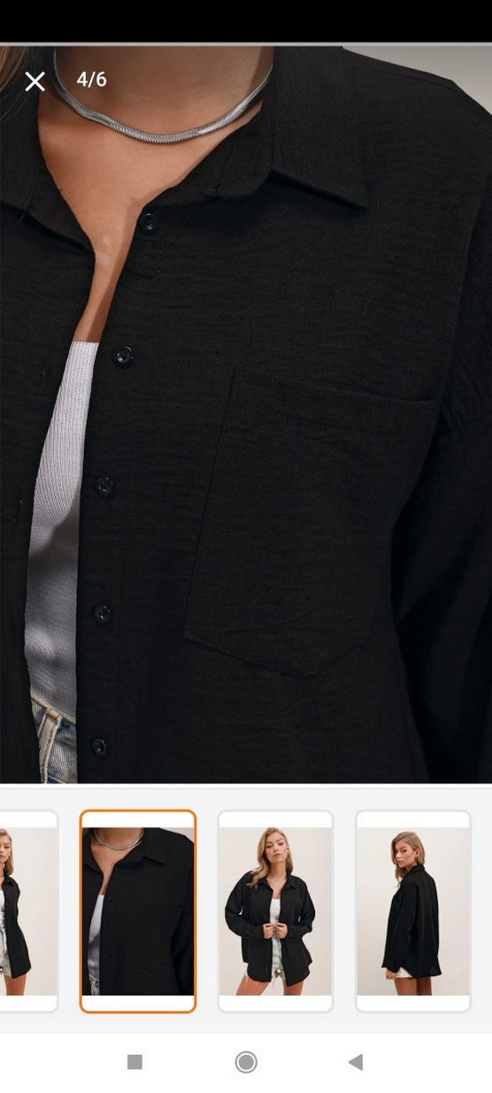 Siyah Düğmeli Uzun Kollu Keten Gömlek - Görsel 3