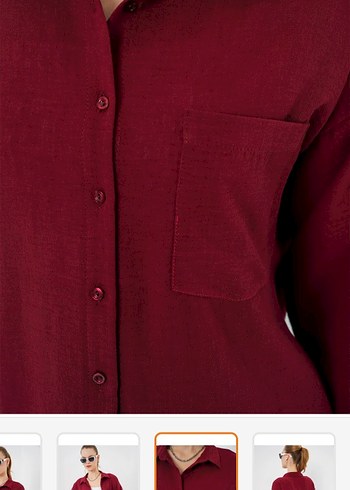 Bordo V Yaka Düğmeli Pamuk Gömlek - Görsel 2