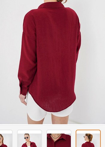 Bordo V Yaka Düğmeli Pamuk Gömlek - Görsel 3