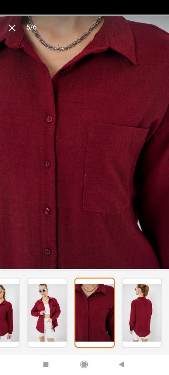 Bordo V Yaka Düğmeli Pamuk Gömlek - Görsel 2