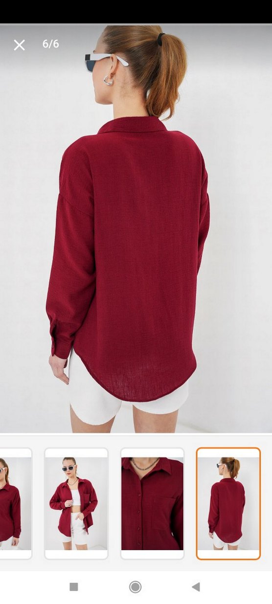 Bordo V Yaka Düğmeli Pamuk Gömlek - Görsel 3