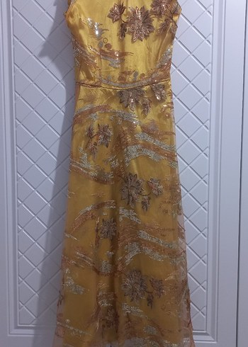 Sarı İşlemeli Uzun  Elbise Bolerolu - Görsel 4