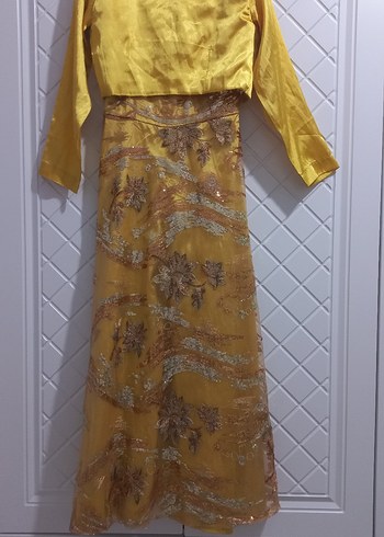 Sarı İşlemeli Uzun  Elbise Bolerolu - Görsel 7