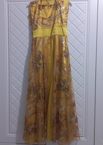 Sarı İşlemeli Uzun  Elbise Bolerolu - Görsel 2